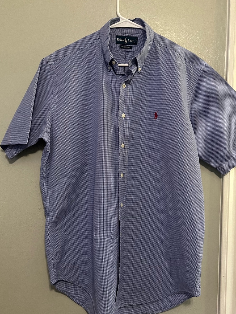 Ralph Lauren Blue Short-Sleeve Button-Down Polo Shirt with Red Logo